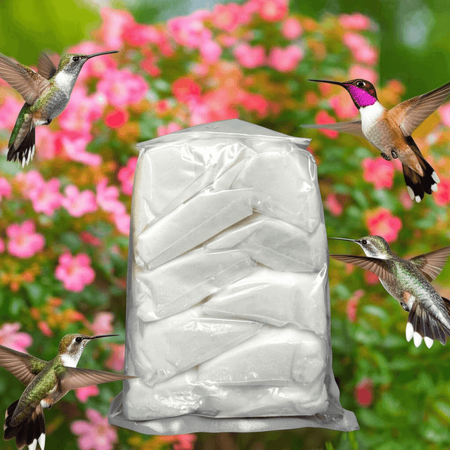 Elaine's Birding Nectar Packs surrounded by colorful hummingbirds on a floral background, perfect for bird feeding.