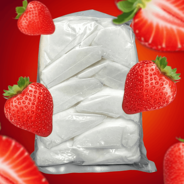 Elaine's Birding Nectar Packs in a clear bag with strawberries on a vibrant red background for essential bird energy.