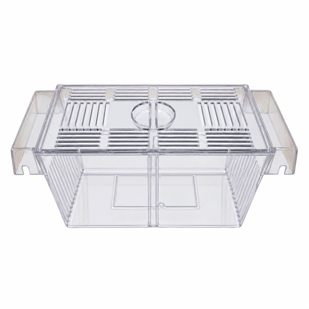 2 in 1 Breeding Trap for secure fish breeding in aquariums, featuring a transparent design and ventilation slits.