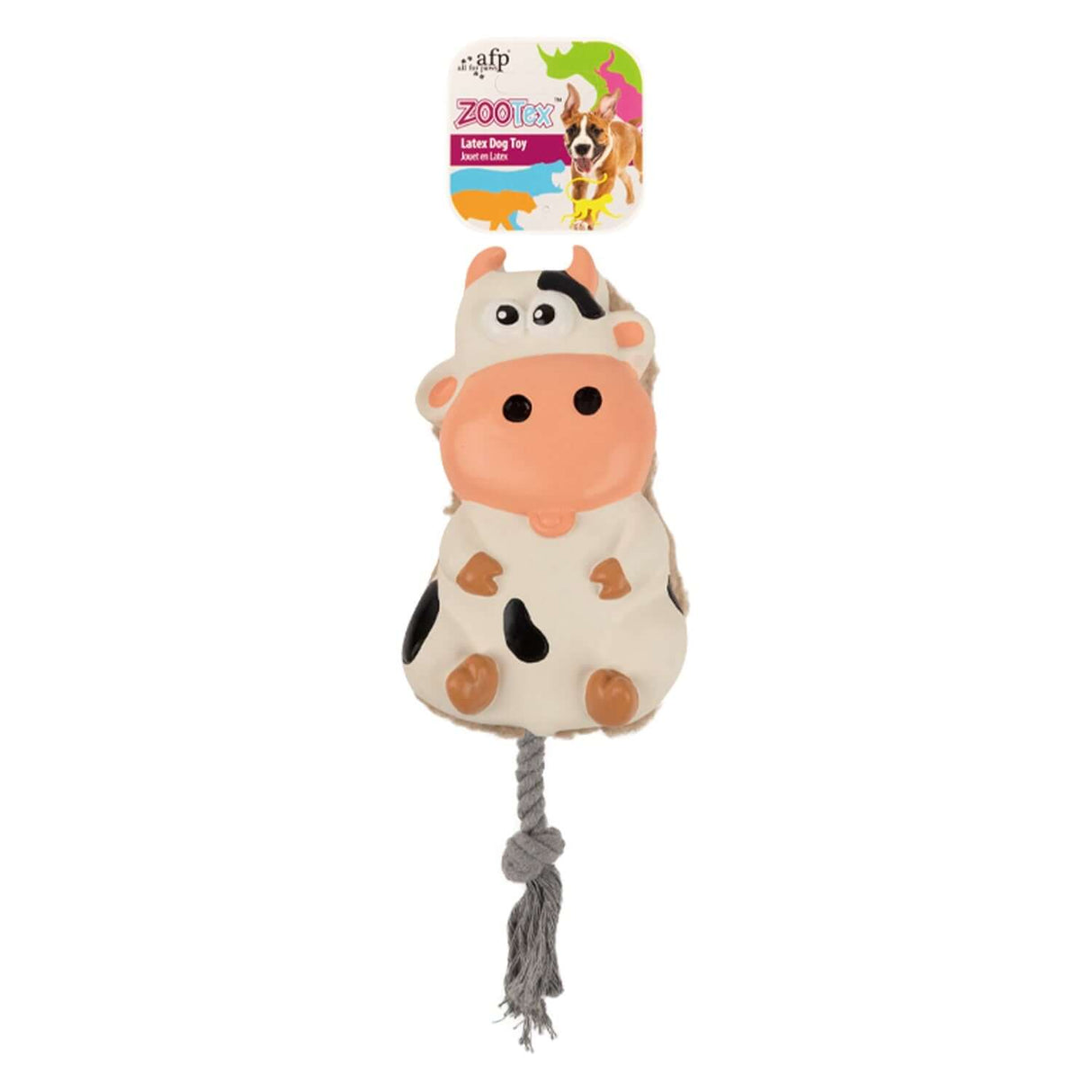 AFP Zootex Toss a Cow latex dog toy featuring soft molded cow design with rope attachment.