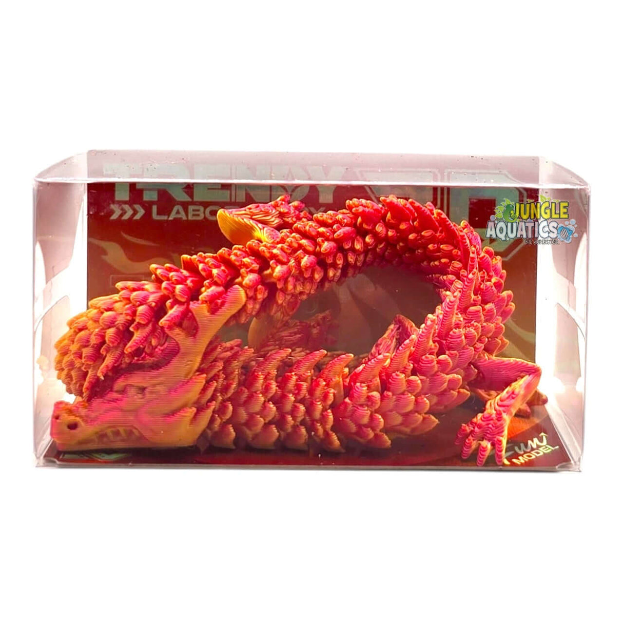 3D Printed Dragon toy in a clear display case, vibrant colors, approx size 1.5 x 20cm long.
