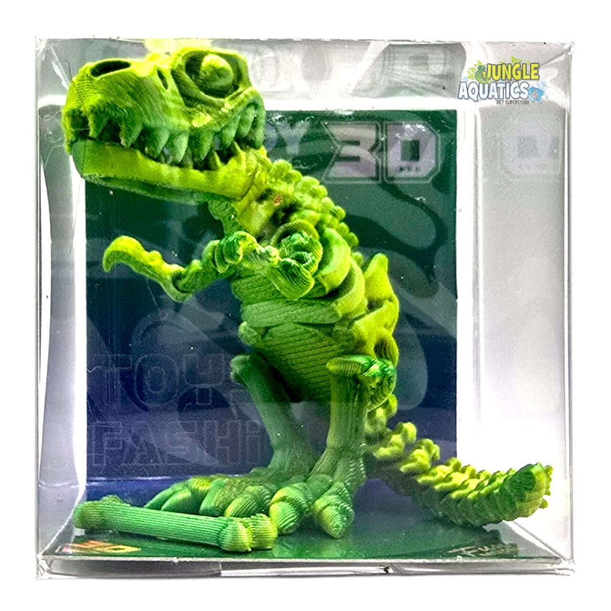 3D Printed T-Rex flexi toy displayed in packaging, size approximately 5 x 6cm.