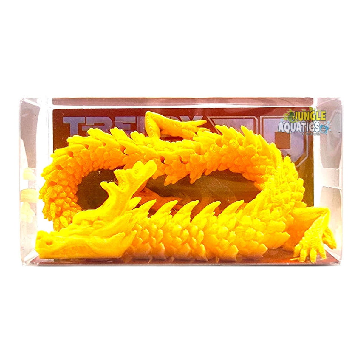 3D Printed Dragon toy in bright yellow color, flexi design, approximately 1.5 x 20cm long, inside packaging.