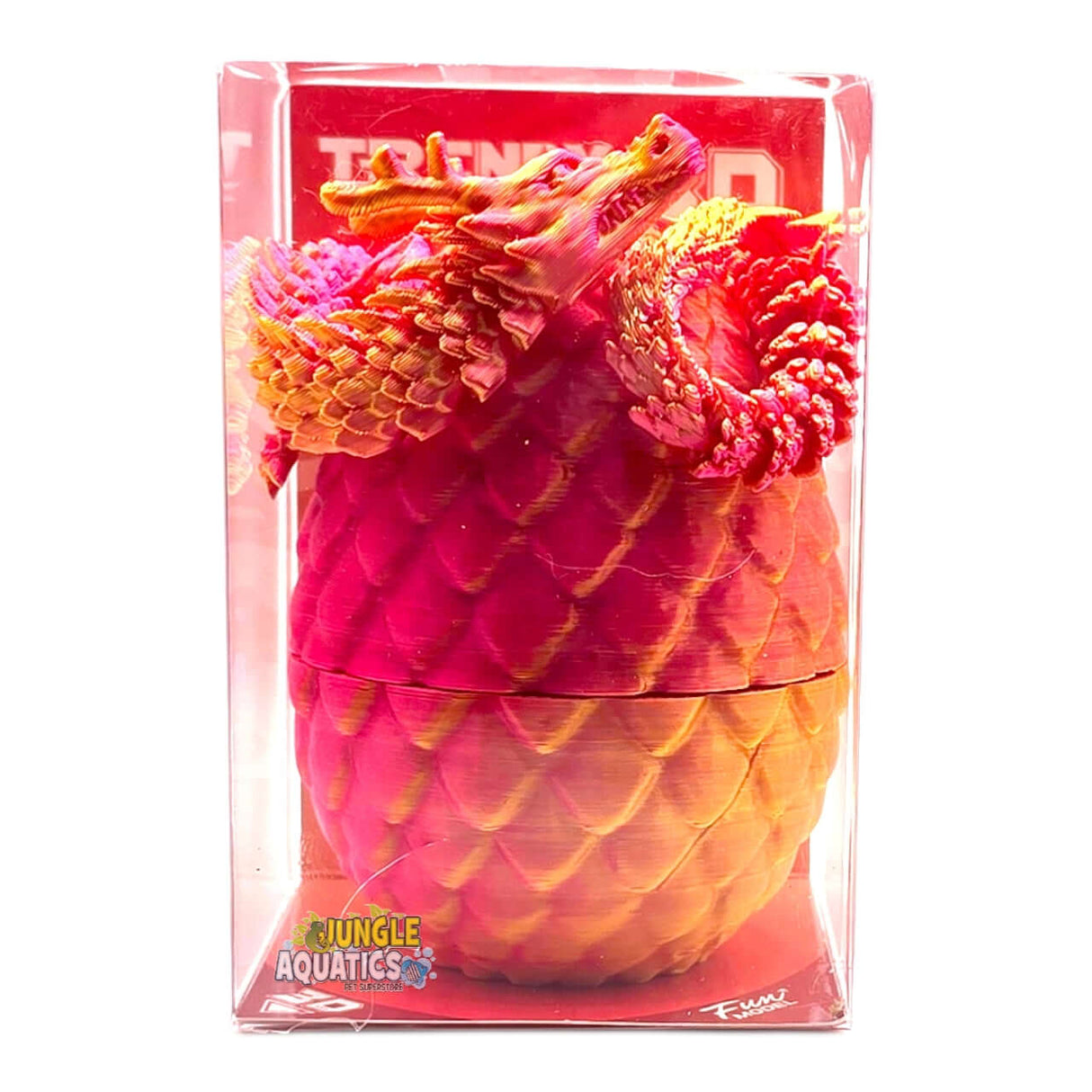 3D Printed Dragon with Egg inside a colorful packaging, showcasing a flexi toy design at 6.5 x 8cm size.