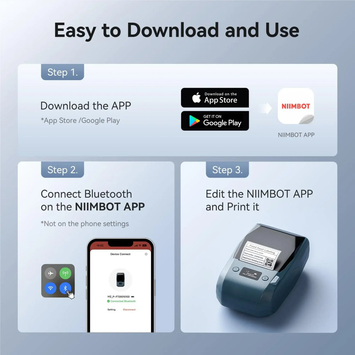 Easy steps to use the Niimbot M2 Smart Label Printer: download the app, connect Bluetooth, and print labels.