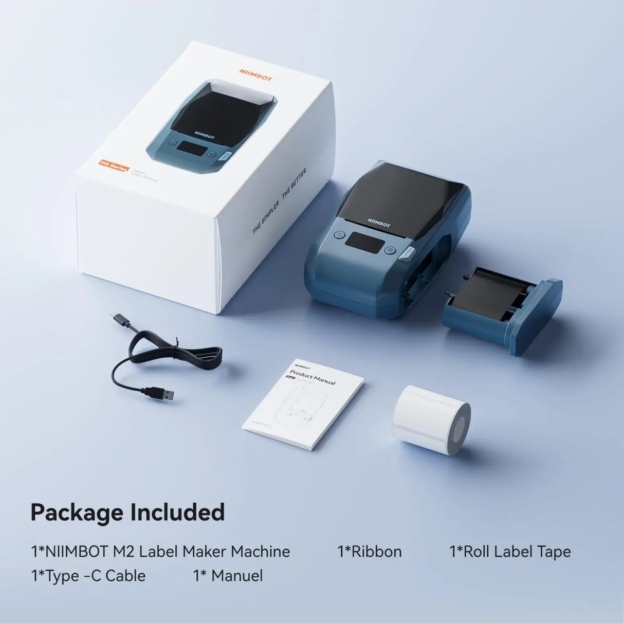 Niimbot M2 Smart Label Printer package including label maker, label tape, ribbon, and accessories.