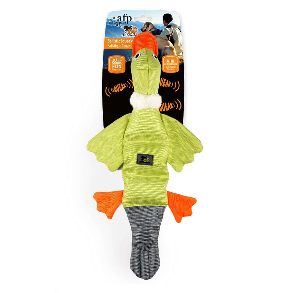 AFP Outdoor Ballistic Quack Duck dog toy, light green duck with orange feet, squeaky sound, interactive fun.