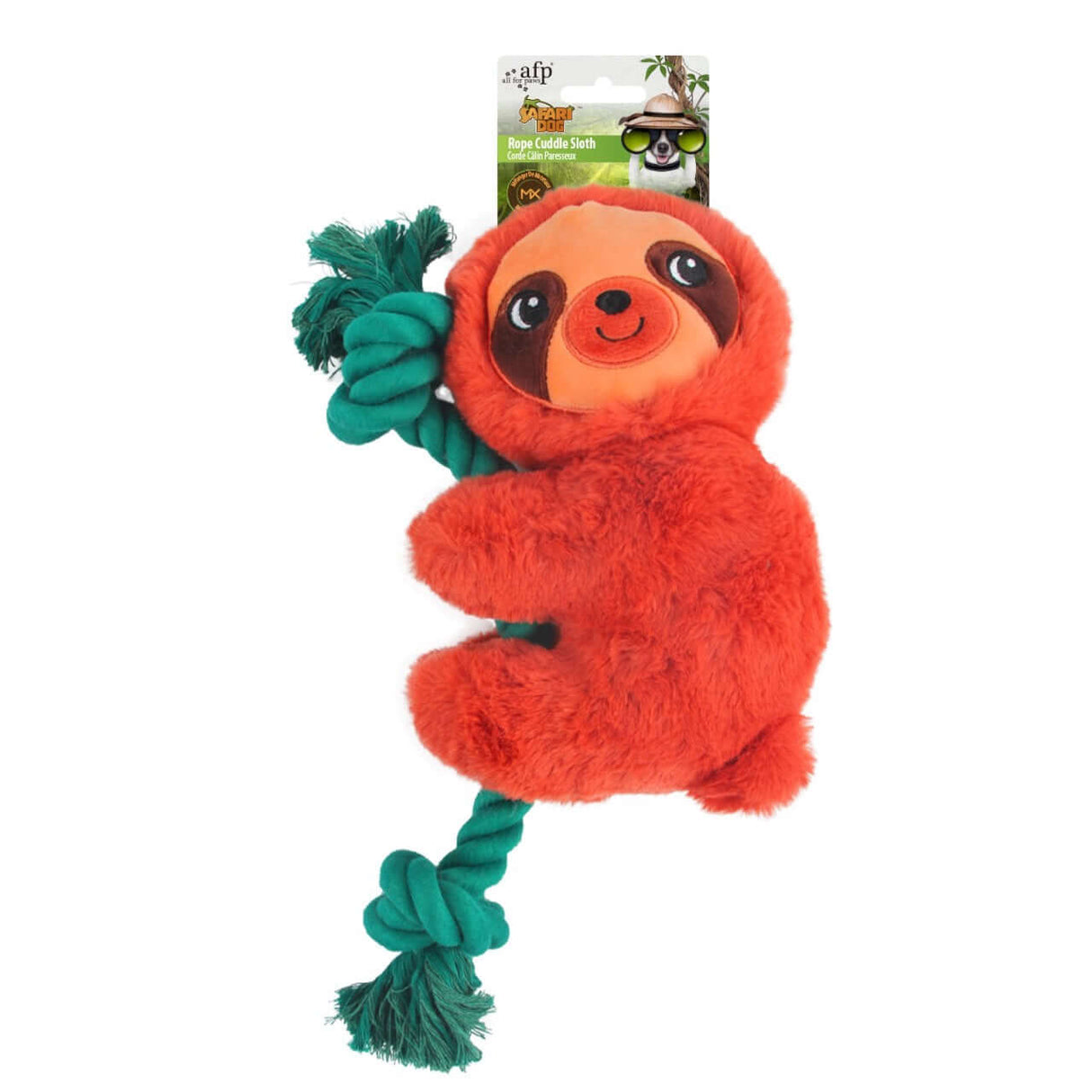 AFP Dog Safari Rope Cuddle Sloth with bright orange fur and rope for interactive dog play.