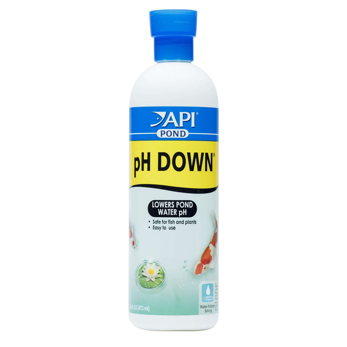 API Pond PH Down 473ml bottle for lowering pond water pH, safe for fish and plants, easy to use.