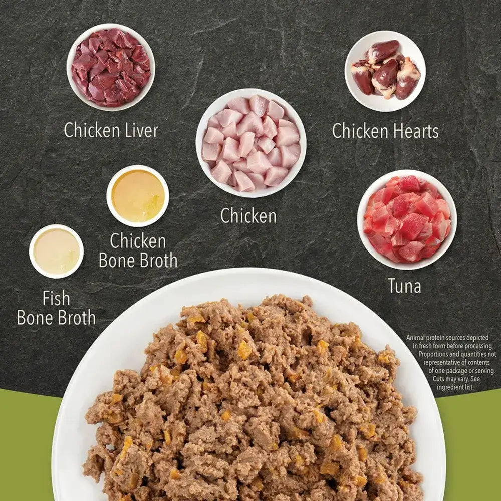 Acana Kitten Premium Pâté Chicken & Fish in Bone Broth Wet Cat Food ingredients including chicken, fish, and bone broth.