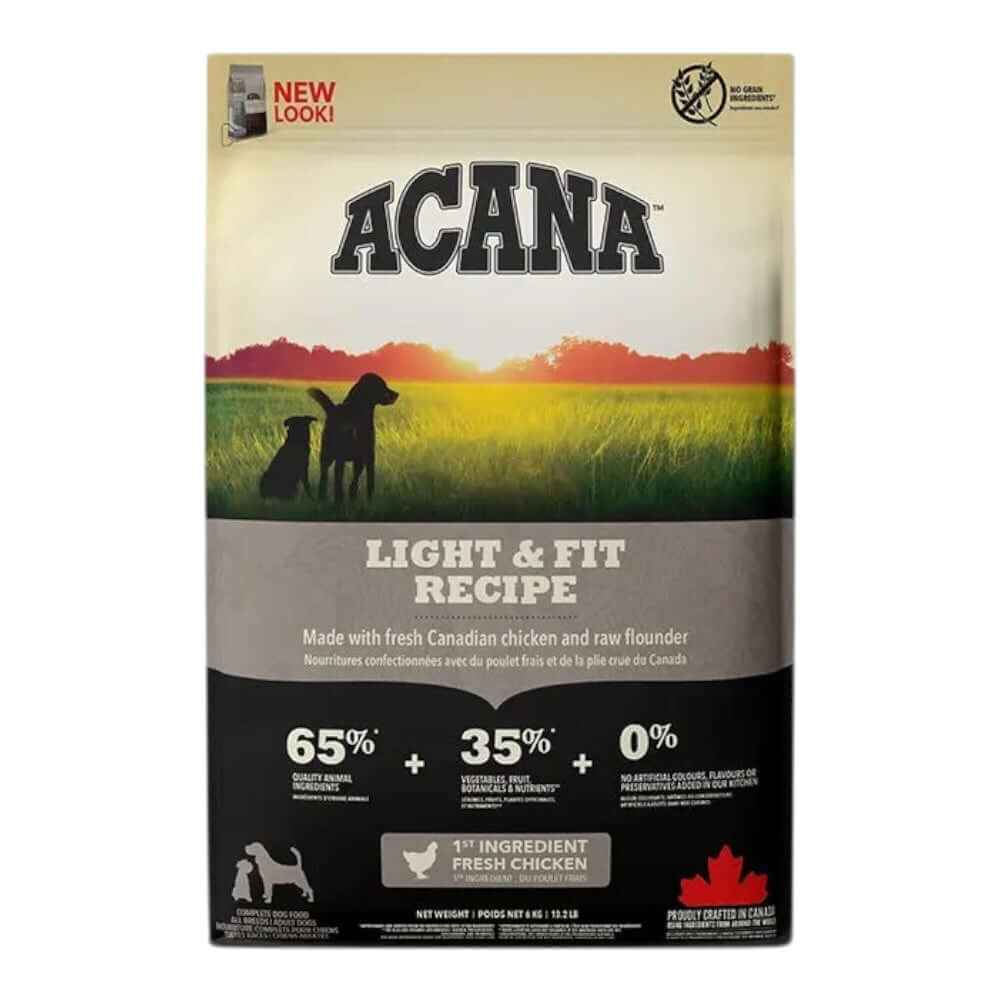 Acana Light and Fit Dry Dog Food bag with fresh Canadian chicken and raw flounder ingredients.