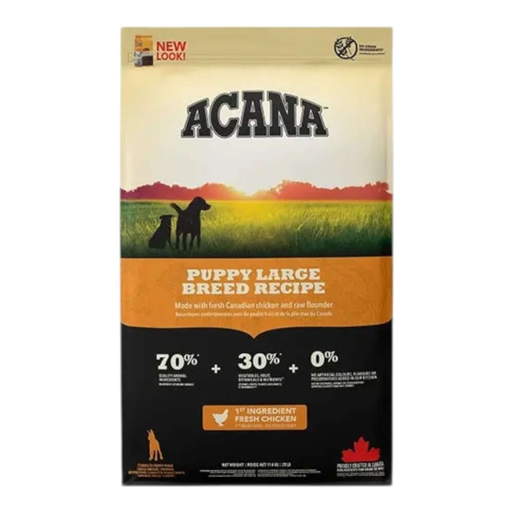 Acana Puppy Large Breed Dry Dog Food 17kg package featuring fresh Canadian chicken and raw fish ingredients.