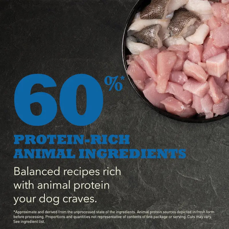 60% protein-rich animal ingredients for Acana Adult Dog Recipe Dry Dog Food 17kg, balanced recipes for your dog.
