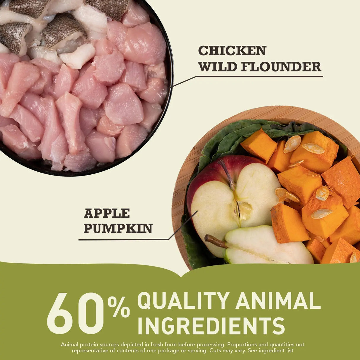 Acana Adult Large Breed Dry Dog Food 17kg ingredients including chicken, wild flounder, apple, and pumpkin.