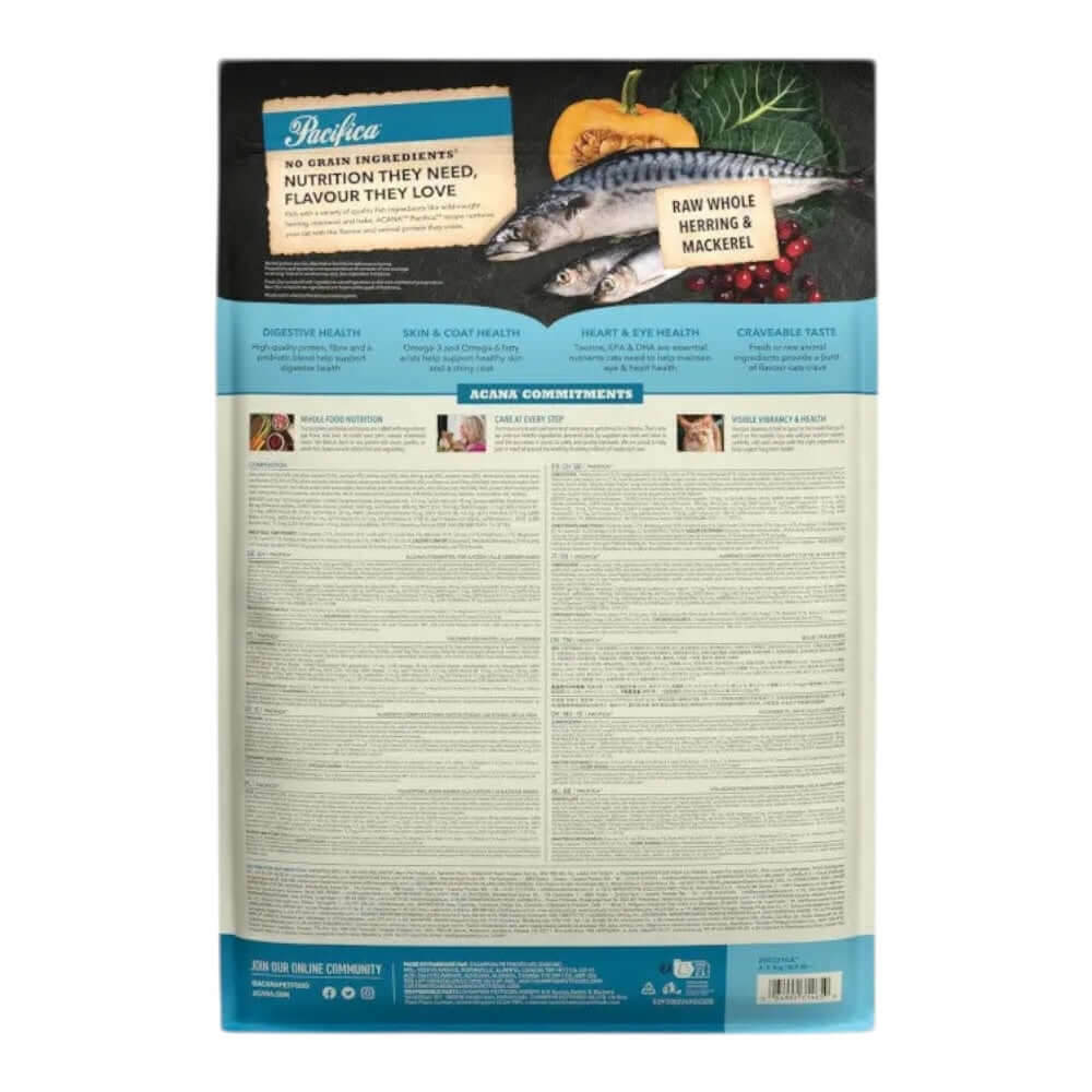 Acana Highest Protein Pacifica Dry Cat Food 1.8kg back packaging highlighting fish ingredients and nutritional benefits.