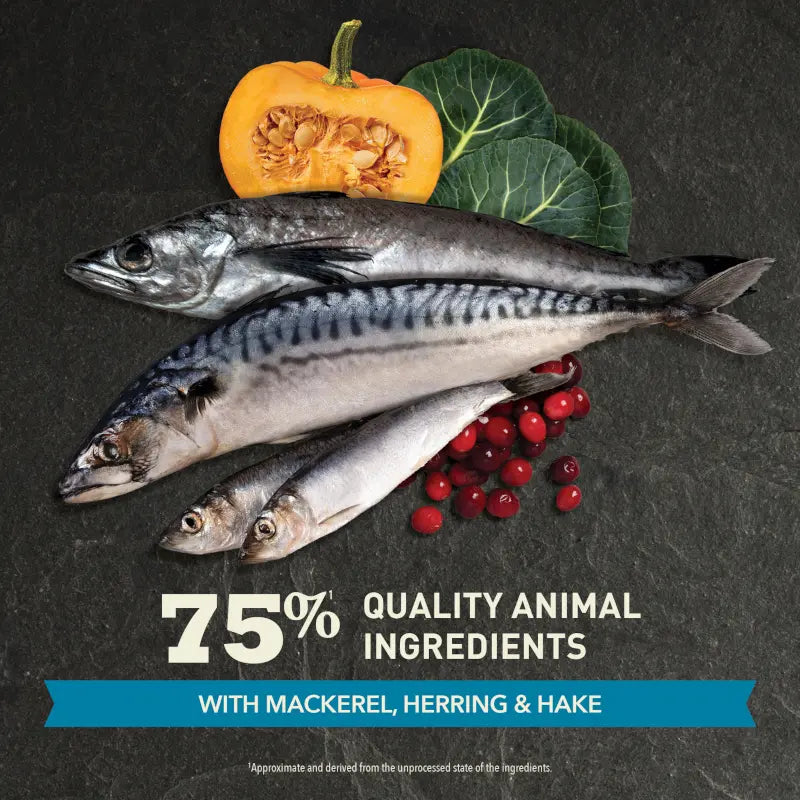 Image of fish ingredients used in Acana Highest Protein Pacifica Dry Cat Food 1.8kg, showcasing 75% quality animal ingredients.