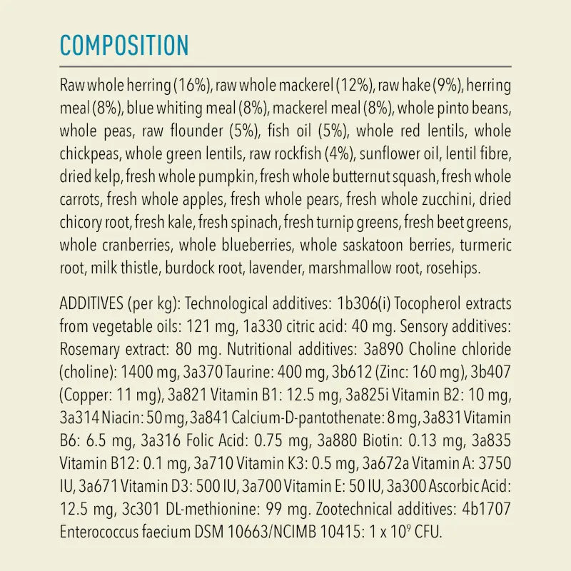 Acana Highest Protein Pacifica Dry Cat Food 1.8kg composition ingredients list, featuring various proteins and nutrients.