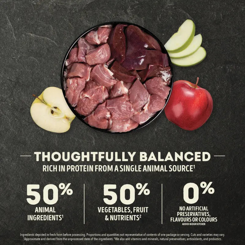 Acana Singles Grass Fed Lamb Dry Dog Food 11.4kg ingredients showing 50% animal protein and vegetables