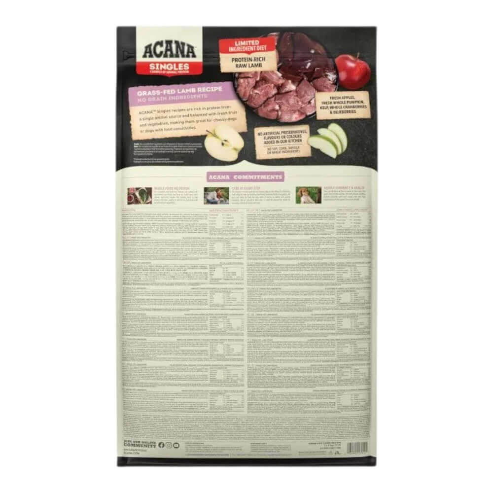 Acana Singles Grass Fed Lamb Dry Dog Food 11.4kg packaging with ingredients and nutritional information displayed.