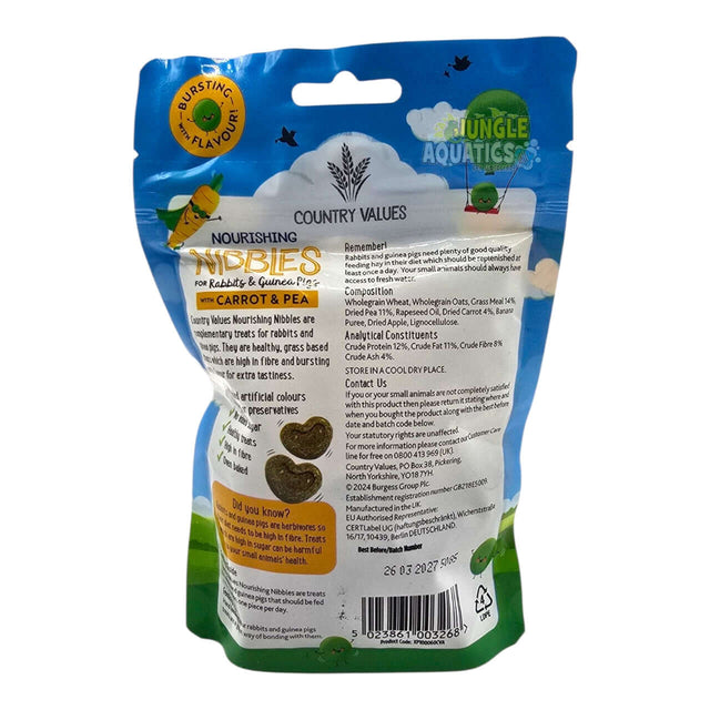 Burgess Country Values Carrot & Pea Nibbles 60G back packaging, nutritious treat for rabbits and guinea pigs.