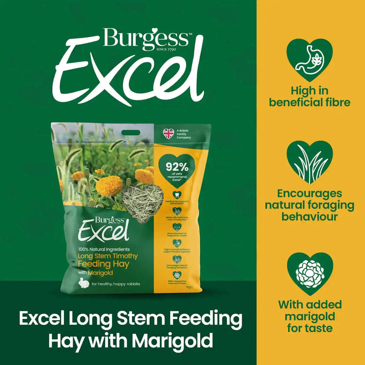 Burgess Excel Long Stem Feeding Hay with Marigold 1kg pack featuring marigold for flavor and high fiber content.