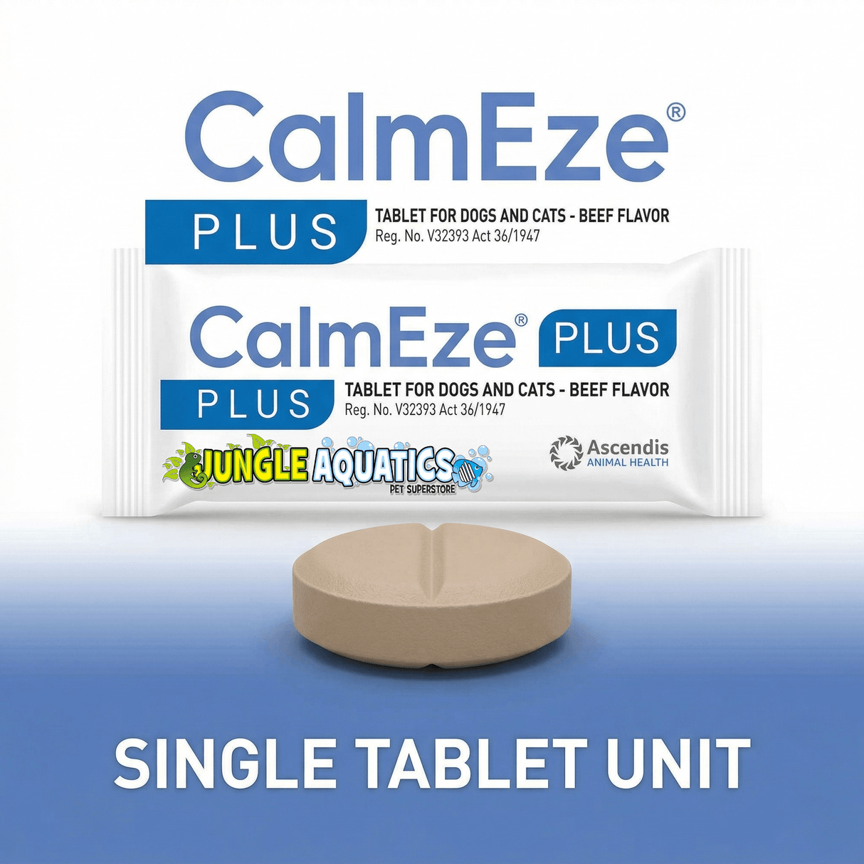 Calmeze Plus Single Tablet for Dogs & Cats package with a single beef-flavored tablet on a blue background