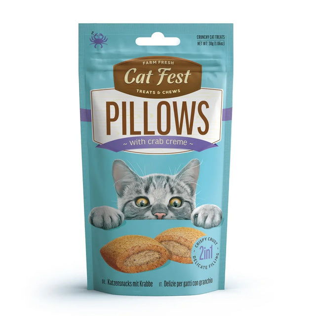 Cat Fest Pillows cat treats packaging featuring crab crème, crispy crust, and adorable cat graphic.