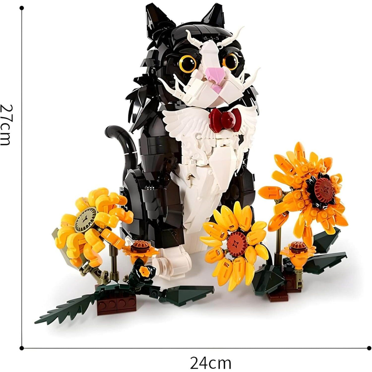 Cat Sunflower KQ201 adorable black and white building block cat model with sunflowers in vibrant colors.