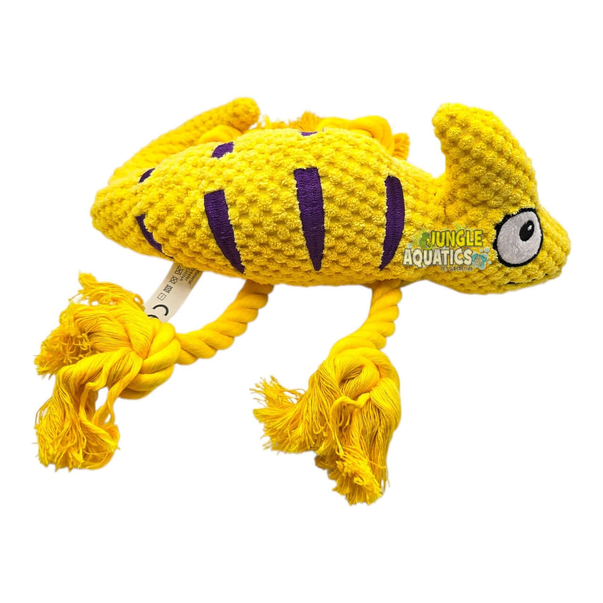 Chameleon Rope Squeaker Dog Toy in yellow with rope tail and squeaker for interactive fun for dogs.