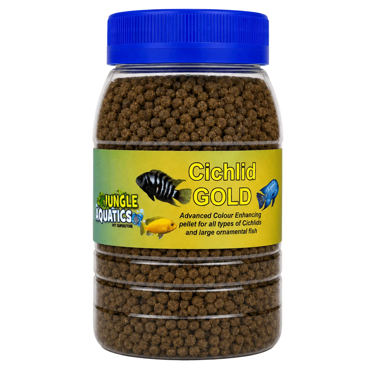 Cichlid Gold Food Pellet in a clear jar, advanced colour-enhancing food for cichlids and large ornamental fish.