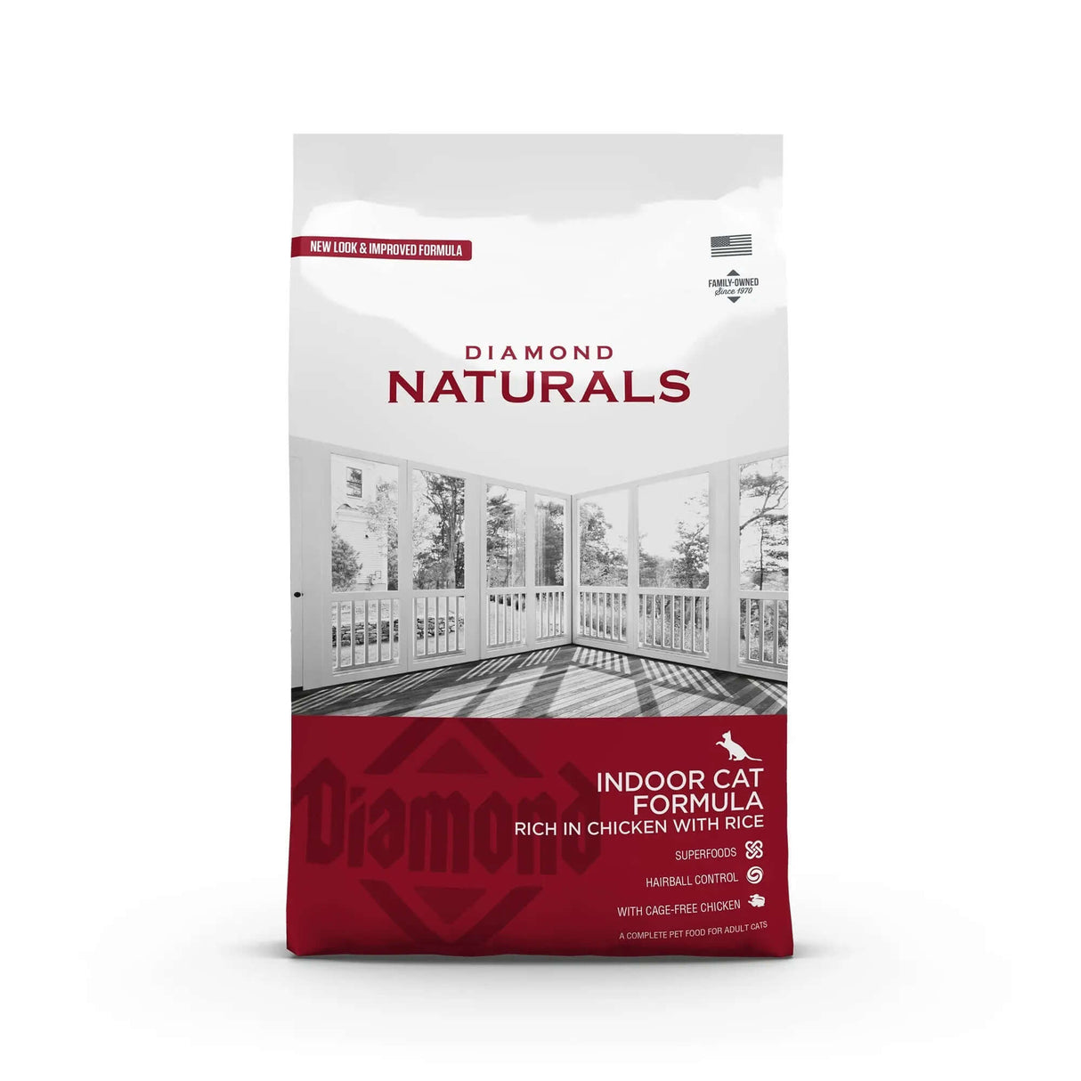 Diamond Naturals Indoor Cat Formula Rich in Chicken with Rice Dry Cat Food packaging on a white background.