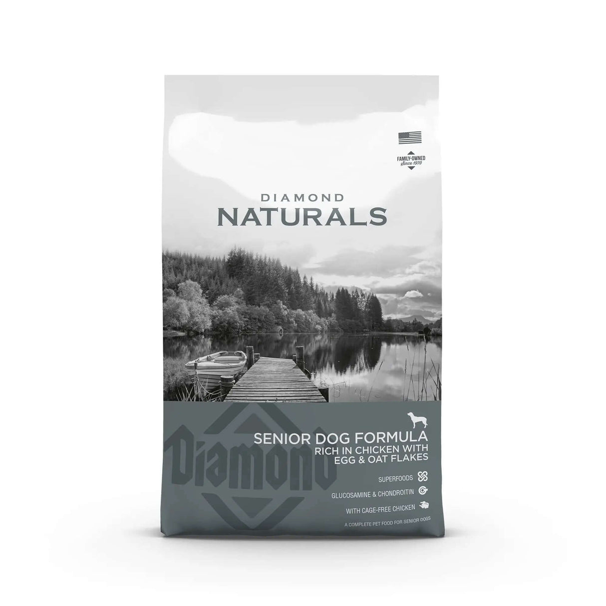 Diamond Naturals Senior Dog Formula Rich in Chicken with Eggs and Oat Flakes Dry Dog Food bag on a scenic background.