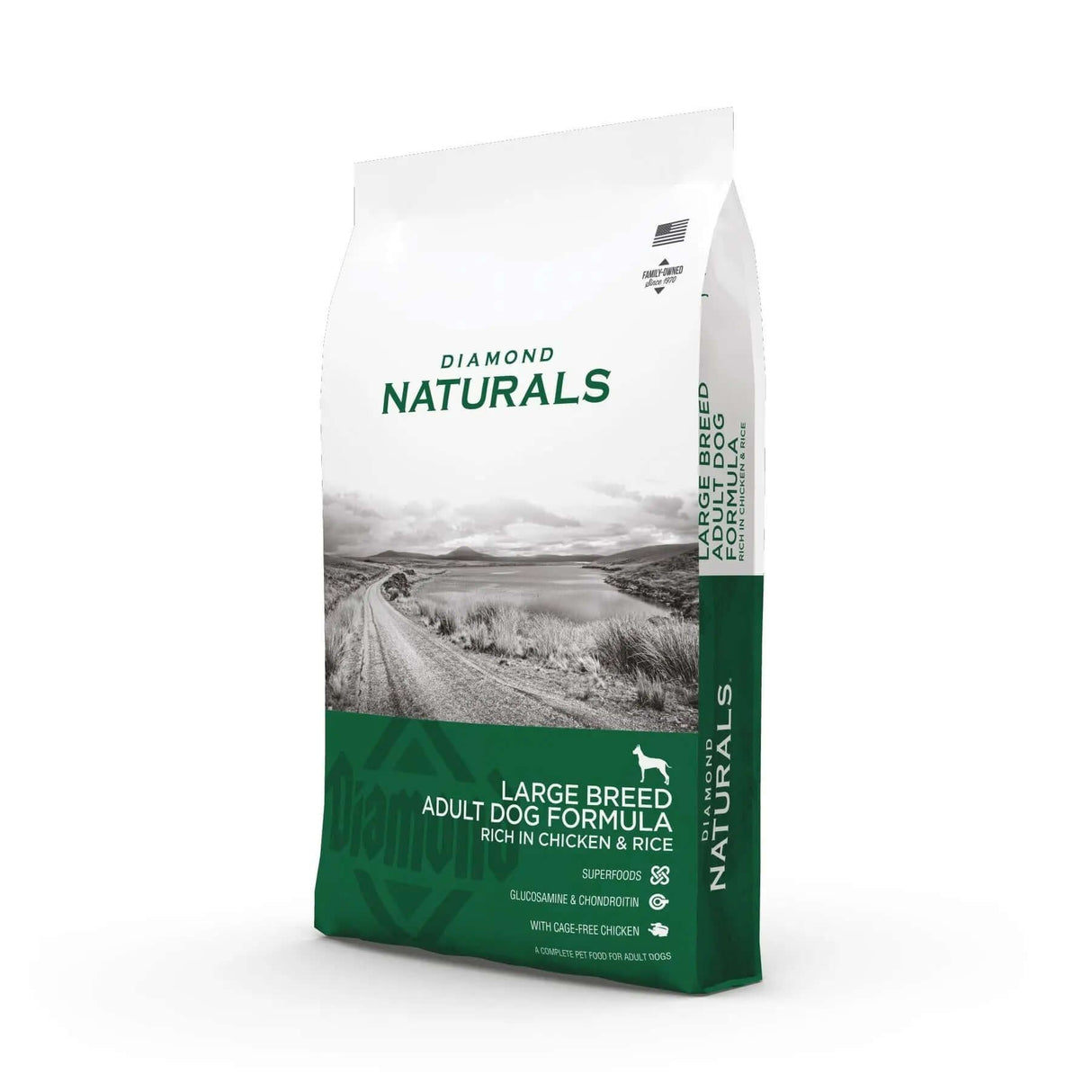 Diamond Naturals Large Breed Adult Dog Formula Rich in Chicken and Rice Dry Dog Food bag showing holistic nutrition.