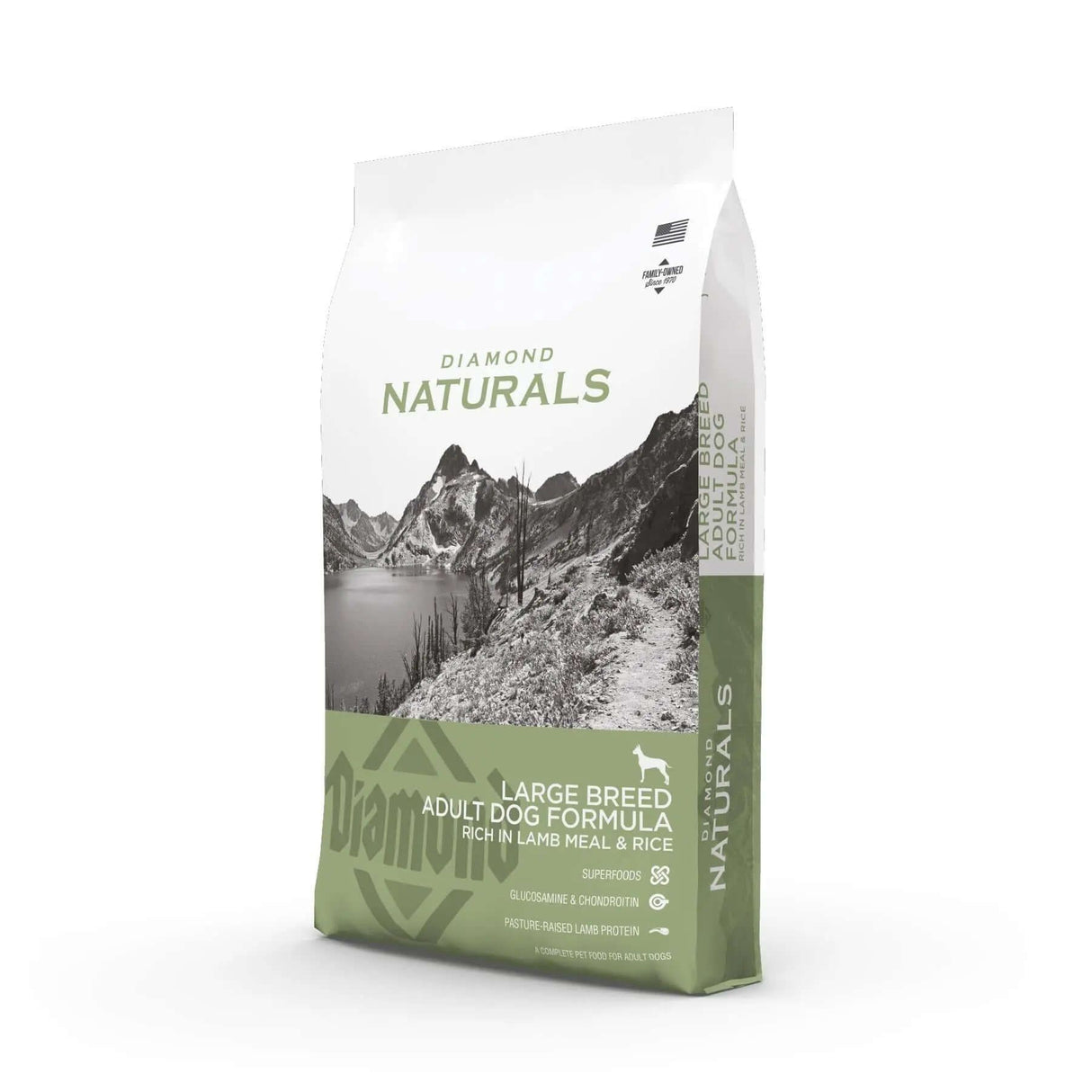 Diamond Naturals Large Breed Adult Dog Formula Rich in Lamb Meal and Rice Dry Dog Food packaging with mountains background.