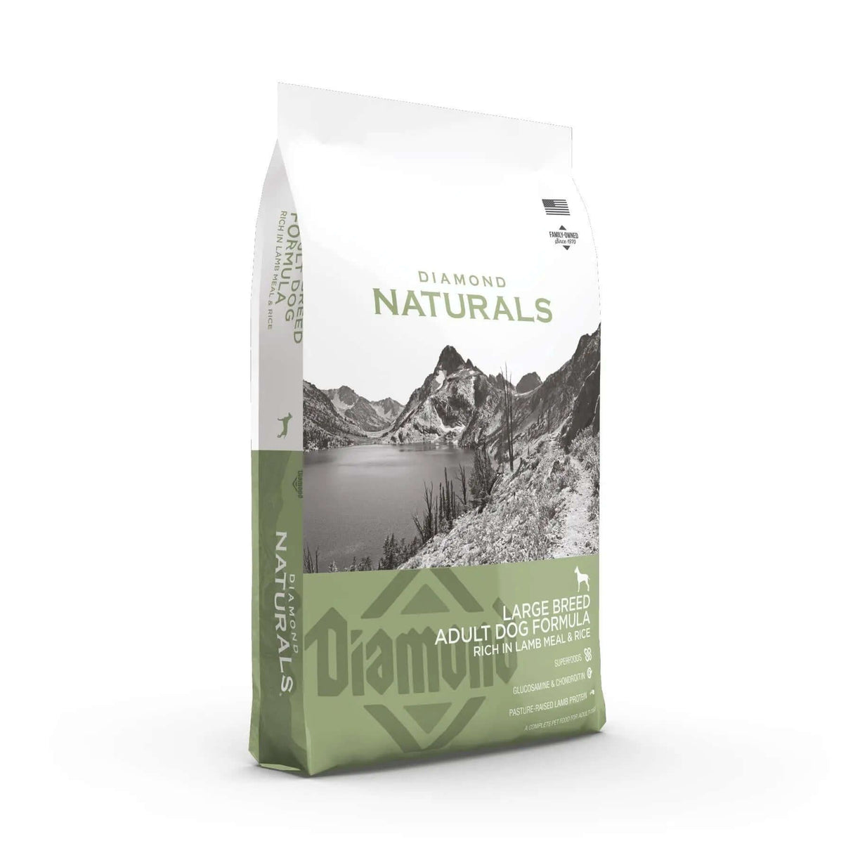 Diamond Naturals Large Breed Adult Dog Formula Rich in Lamb Meal and Rice Dry Dog Food package on a white background.