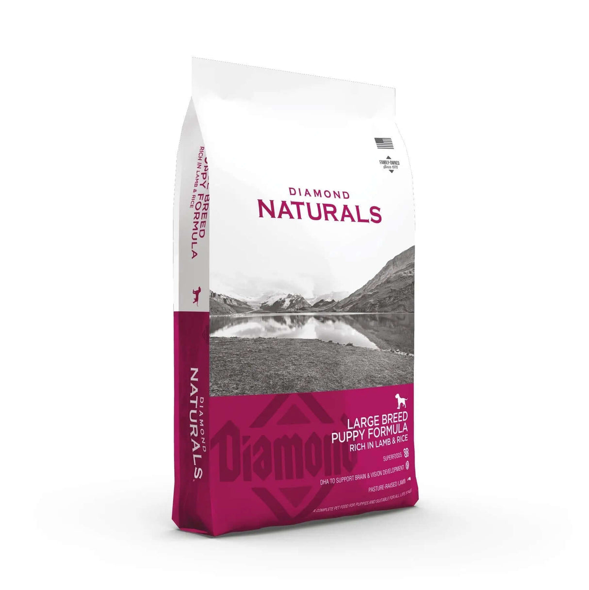 Diamond Naturals Large Breed Puppy Formula Rich in Lamb and Rice Dry Dog Food bag with nature background.