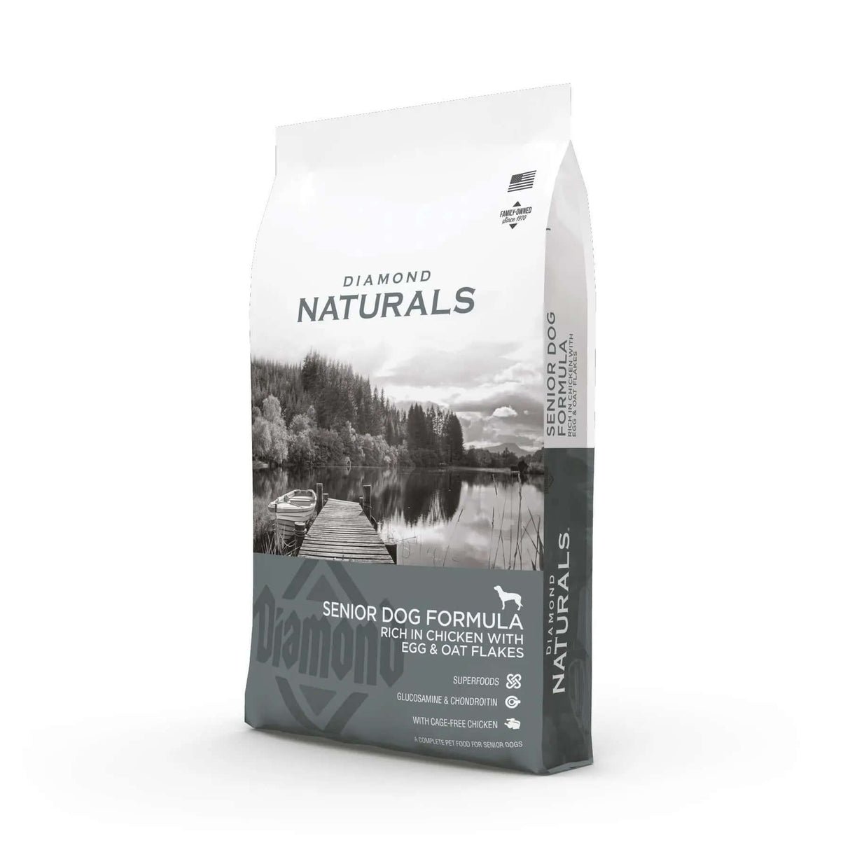 Diamond Naturals Senior Dog Formula Rich in Chicken with Eggs and Oat Flakes Dry Dog Food packaging on a scenic background.