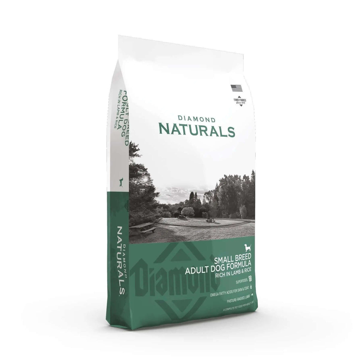 Diamond Naturals Small Breed Adult Dog Formula Rich in Lamb and Rice Dry Dog Food package on display.