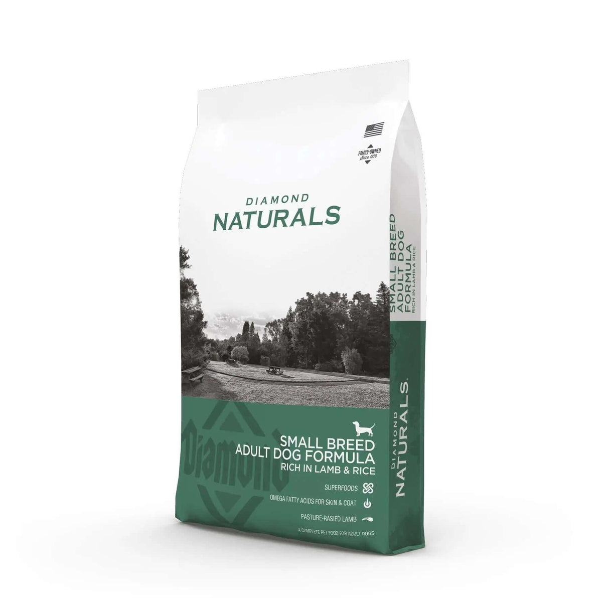Diamond Naturals Small Breed Adult Dog Formula Rich in Lamb and Rice Dry Dog Food bag with nature background.
