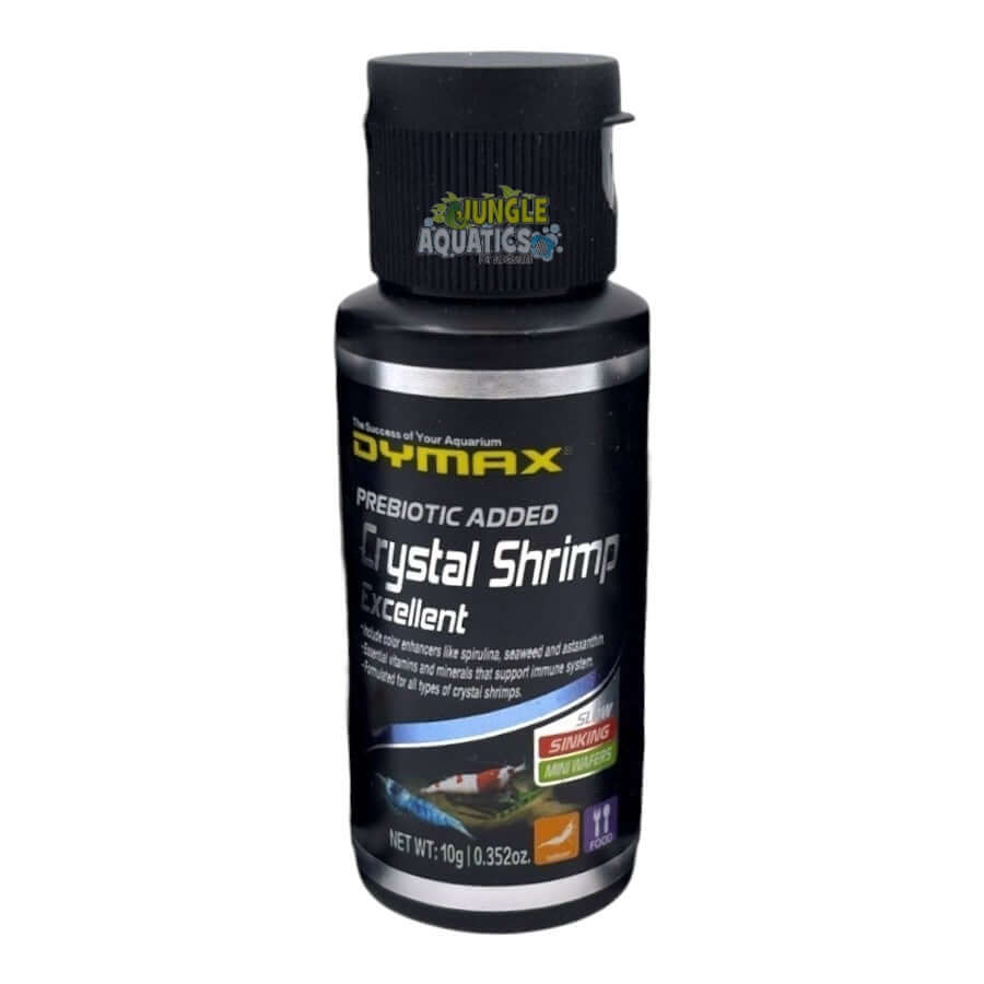 Dymax Crystal Shrimp 10g bottle with prebiotic added, ideal for feeding crystal shrimp and enhancing their coloration.