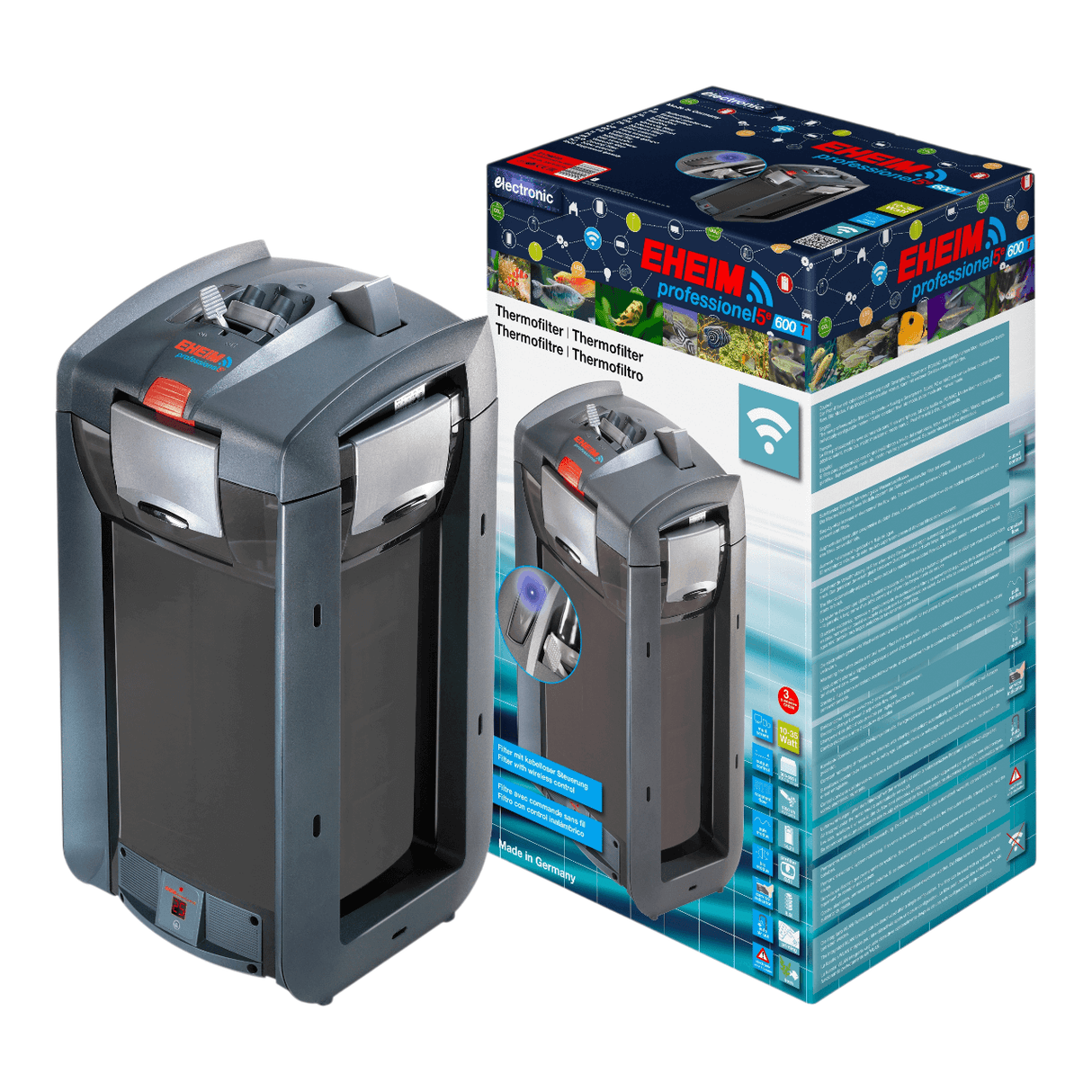 EHEIM Professionel 5e 600T aquarium external filter with wireless control and programming options.