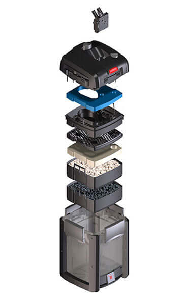 EHEIM Professionel 4+ 250T exploded view showing internal components and filter canister design.