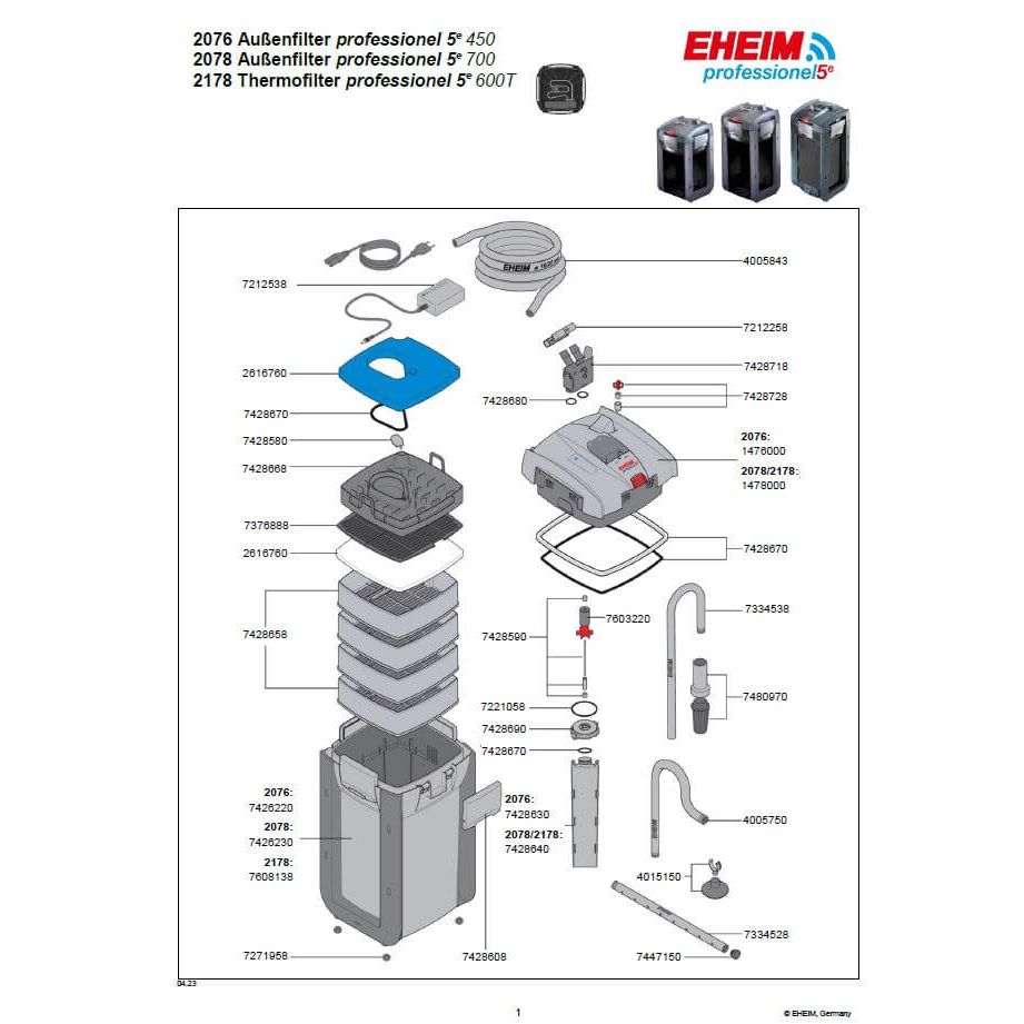 EHEIM Professionel 5e 600T parts diagram showing components for the best external aquarium filter.