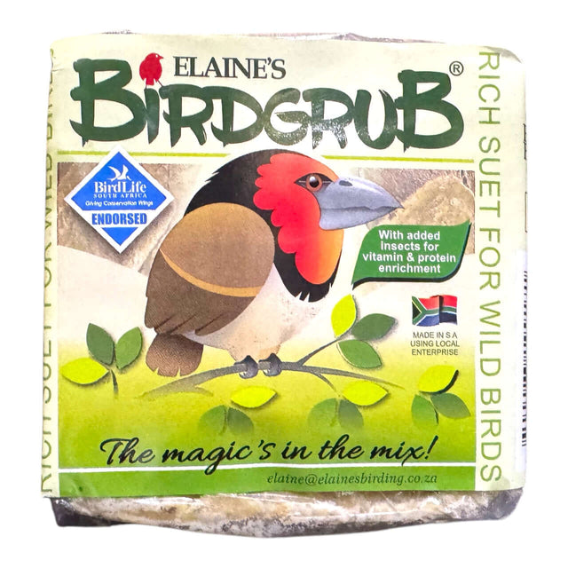 Elaine's Birding Grub Suet Slabs packaging with bird graphic, rich in protein and energy for wild birds.