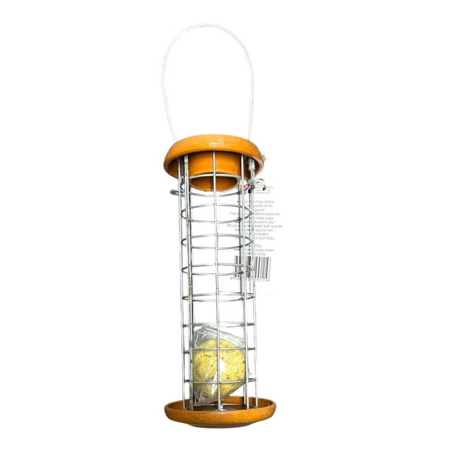 Elaine's Birding Mini Ball Tower Feeder with a wire mesh design and suet ball for attracting garden birds.