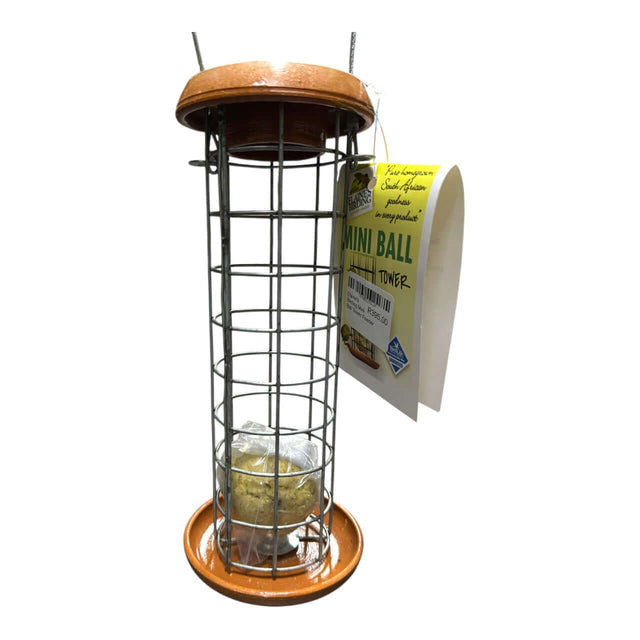 Elaine's Birding Mini Ball Tower Feeder with Suet Ball, designed for attracting garden birds and easy cleaning.