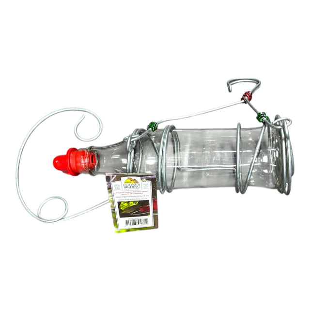 Elaine's Birding Nectar Feeder with red cap and wire holder, perfect for attracting wild birds and quenching their thirst.