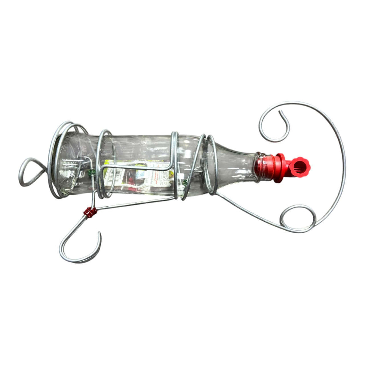 Elaine's Birding Nectar Feeder with a metal wire frame designed for easy hanging and feeding wild birds.