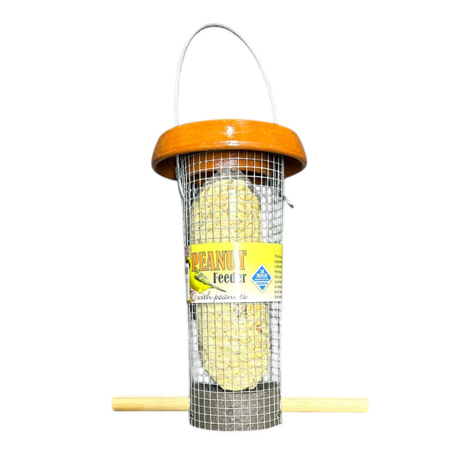Elaine's Birding Peanut Feeder with Peanuts for wild birds to enjoy their nutty feast in a mesh design.