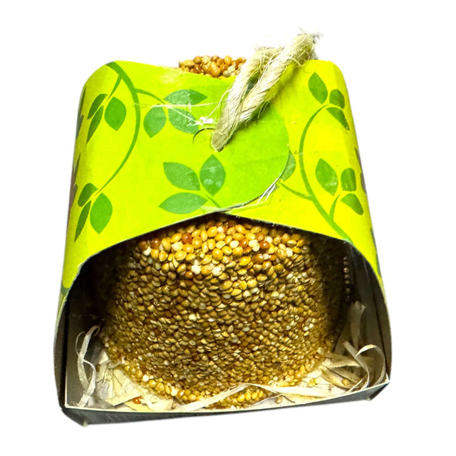 Elaine's Birding Seed Bells featuring natural seeds in a decorative package, ideal for attracting wild birds.